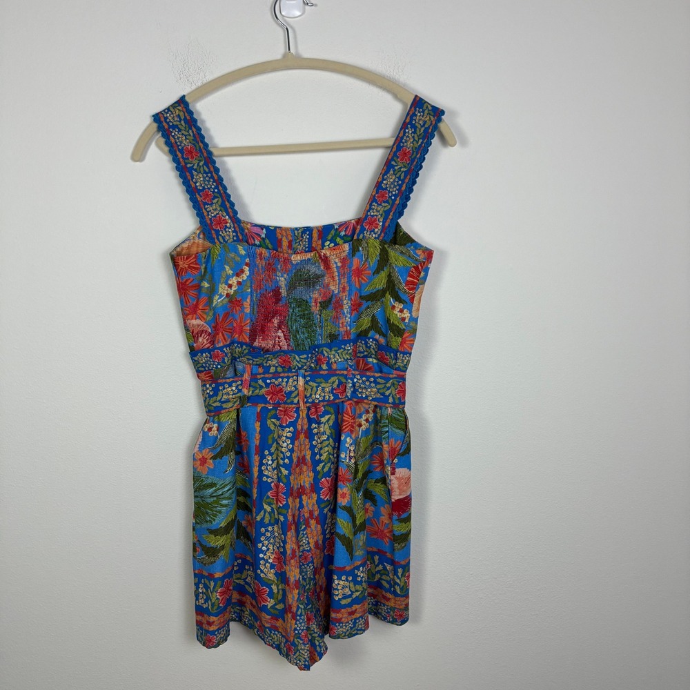 Farm Rio Stitched Garden Blue Linen Romper Women's S Tropical Floral Boho Summer - Picture 5 of 8